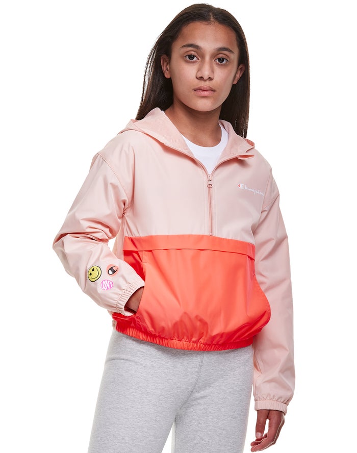 Champion Girls Jackets NZ - Colorblock Windbreaker Smiley Face Coral/Orange ( 1609-OKHQR )